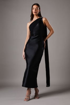 One Shoulder Twill Gown With Diamante Brooch