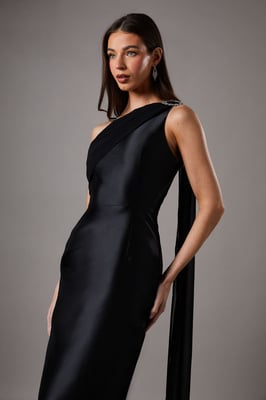 One Shoulder Twill Gown With Diamante Brooch