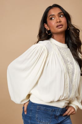 High Neck Lace Embroidered Long Sleeve Blouse