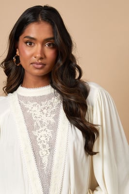 High Neck Lace Embroidered Long Sleeve Blouse