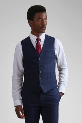 Munro Navy Wine Check Slim Waistcoat