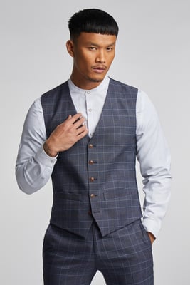 Dark Blue Tan Overcheck Waistcoat