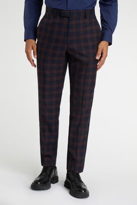 Regular Fit Navy Burgundy Check Trousers