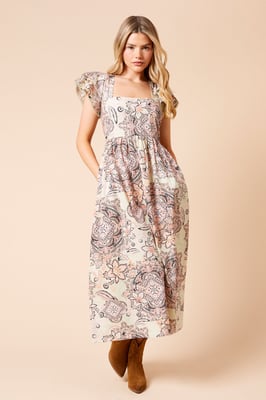 Paisley Lace Trim Ruffle Sleeve Poplin Midi Dress