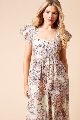 Paisley Lace Trim Ruffle Sleeve Poplin Midi Dress