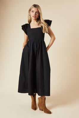 Black Lace Trim Ruffle Sleeve Poplin Midi Dress