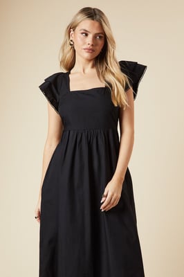 Black Lace Trim Ruffle Sleeve Poplin Midi Dress
