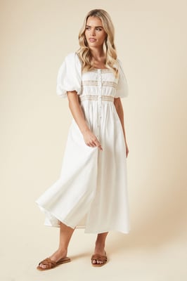 Petite Embroidered Bust Button through Poplin Midi Dress