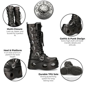 New Rock M-272-S2 Neptuno Metallic Knähöga svarta gotiska stövlar i läder
