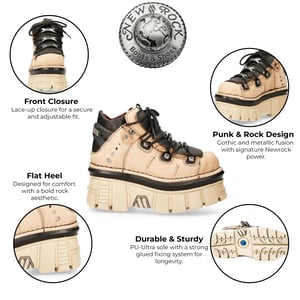New Rock M-106-S40 Beige leren Gothic enkellaarsjes met plateauzool