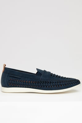 Navy Faux Suede Woven Loafers