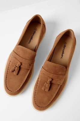 Tan Faux Suede Tassel Loafers
