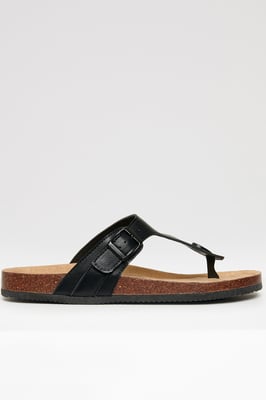 Black Faux Leather Toe Post Sandals