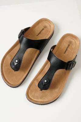 Black Faux Leather Toe Post Sandals