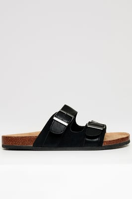 Black Slip On Two Buckle Strap Sandals