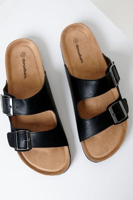 Black Slip On Two Buckle Strap Sandals