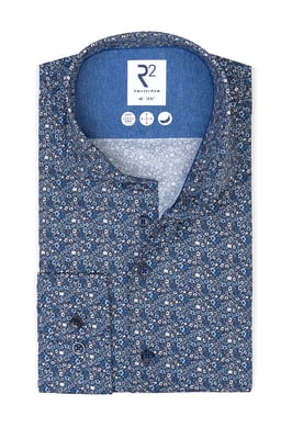 R2 Cut Away Collar Long Sleeved Shirt Blue Floral Patterned
