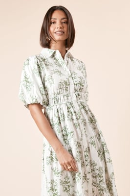 Green Floral Poplin Tiered Button Front Shirt Dress