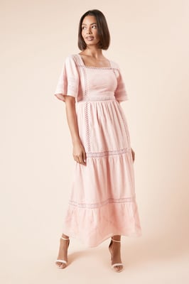 Embroidered Front Angel Sleeve Midi Dress
