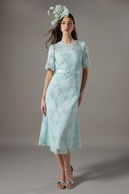 Lace Midi Dress With Bow Belt