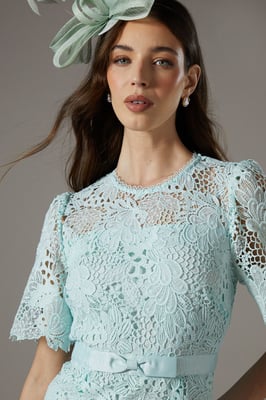 Lace Midi Dress With Bow Belt