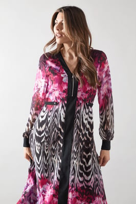 Zip Front Animal Floral Border Midi Dress
