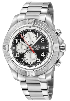 T38 SS Case, Enamel Black Dial with White print, 3 Silver sub dial, 316L Stainless Steel Bracelet Watch.