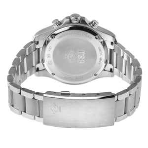 T38 SS Case, Enamel Black Dial with White print, 3 Silver sub dial, 316L Stainless Steel Bracelet Watch.