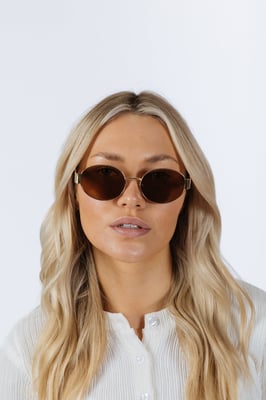 Rounded Oval Metal Frame Sunglasses in Gold Brown