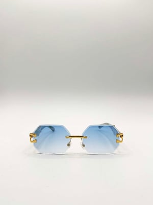 Rimless Oval Geometric Sunglasses in Gold Blue