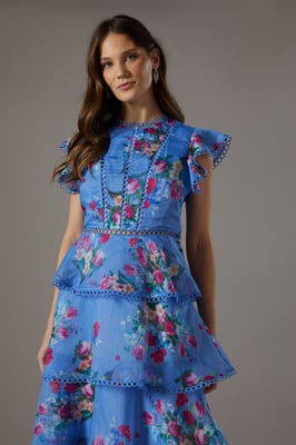 Lace Trim Tiered Organza Midi Dress