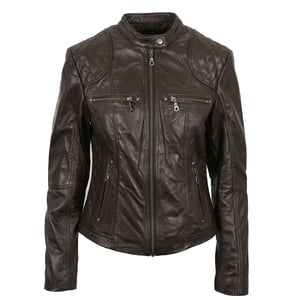 Pelle D’annata Ladies Real Leather Biker Jacket in Dark Brown