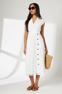 Ivory Wrap Front Button Detail Midi Broderie Dress