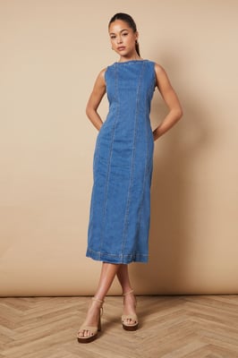 Sleeveless Denim Maxi Dress With Seam Detail