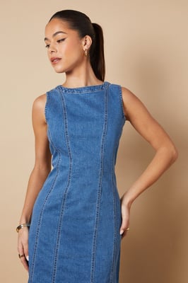 Sleeveless Denim Maxi Dress With Seam Detail