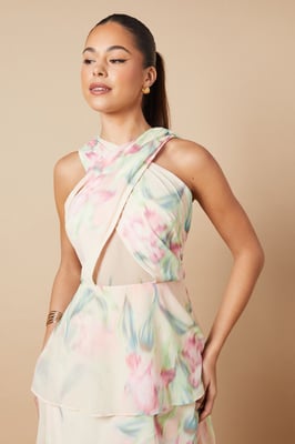 Floral Printed Halter Neck Chiffon Tiered Maxi Dress