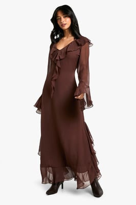 Petite Ruffle Flare Sleeve Belted Chiffon Maxi Dress