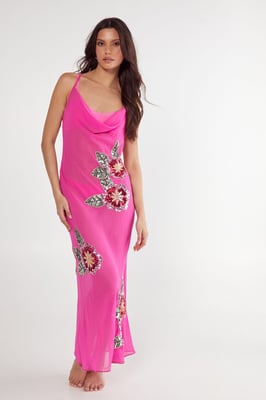 Floral Embellished Cowl Maxi Beach Dress