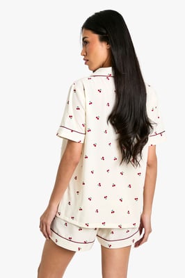 Cherry Print Piping Detail Short Sleeve Shirt & Shorts Pyjama Set