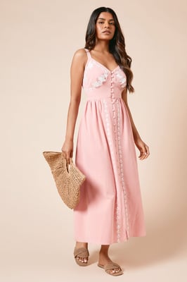 Petite Floral Button Up Embroidered Midi Dress