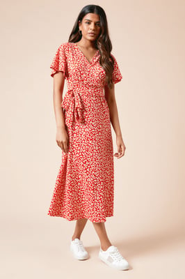Petite Animal Wrap Front Midi Dress