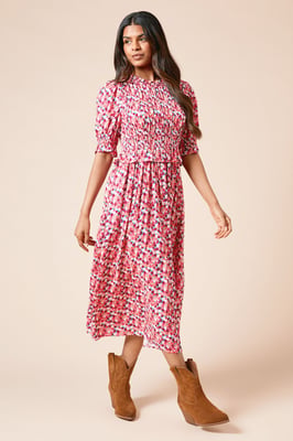 Petite Floral Shirred Bodice Puff Sleeve Midi Dress