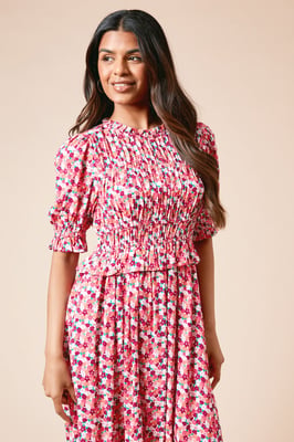 Petite Floral Shirred Bodice Puff Sleeve Midi Dress