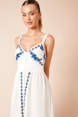 Blue Floral Button Up Embroidered Midi Dress