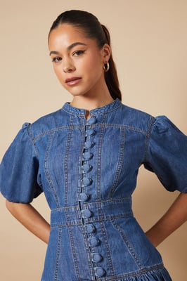 Drop Waist Button Up Denim Midi Dress