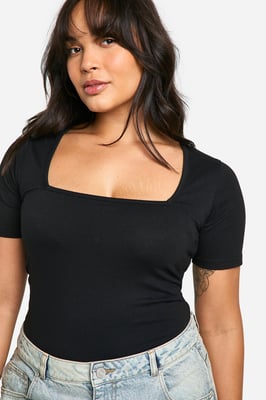Boohoo Basics Plus Cotton Square Neck Short Sleeve Bodysuit