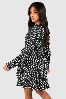 Petite Smudge Print Ruffle Woven Wrap Dress