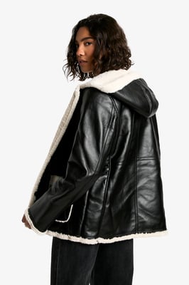 Tall Borg Lined Faux Leather Hooded Coat