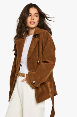 Suede Look Short Belted Trench Coat