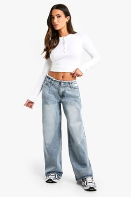 Petite Raw Waistband Wide Leg Jeans